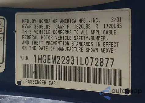 2001 Honda Civic Ex из США, поврежденный, VIN 1HGEM22931L072877